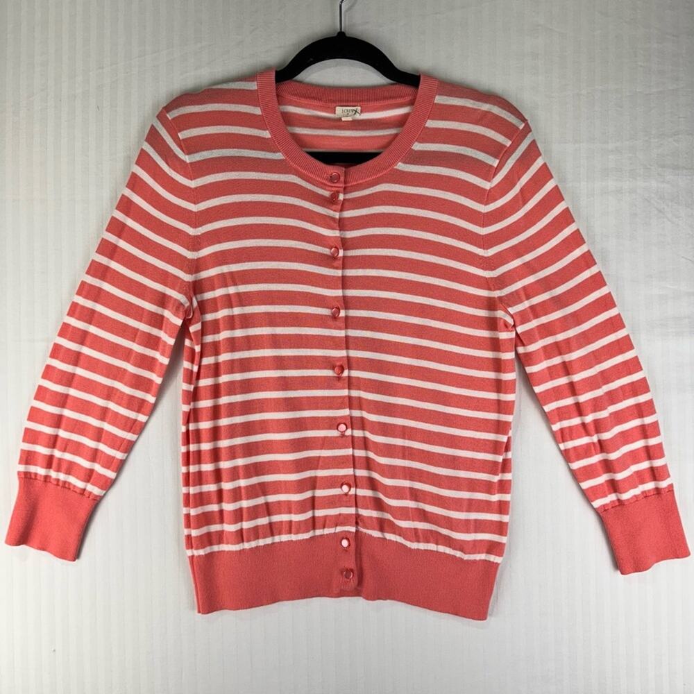 J. Crew Coral Pink Cotton Cardigan Sweater White Stripe Women’s Large Coastal